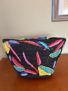 Tabitha Brown for Target Handbag Abstract Lemon Woven Black Straw Tote  Pockets